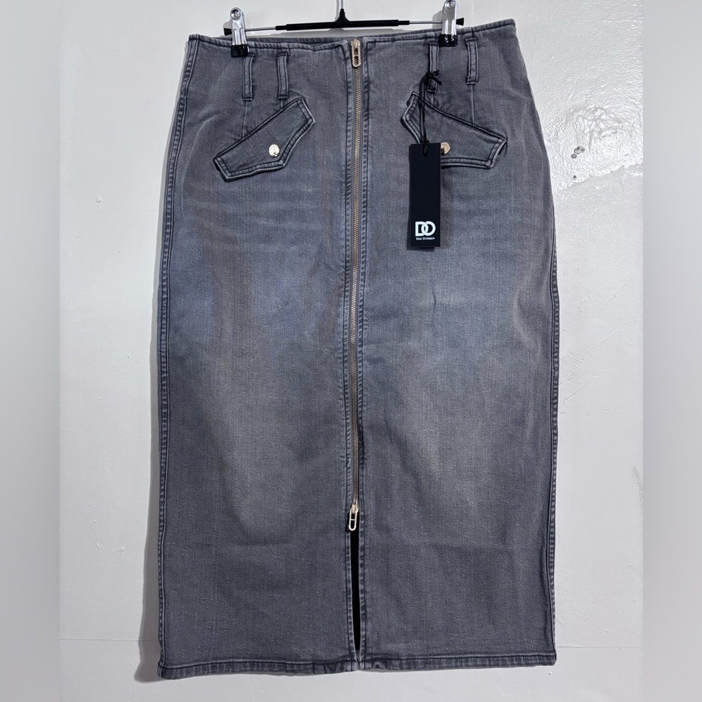 Dee Ocleppo Millie Charcoal Grey Denim Front Zip Cargo Midi Skirt Size 12 NWT